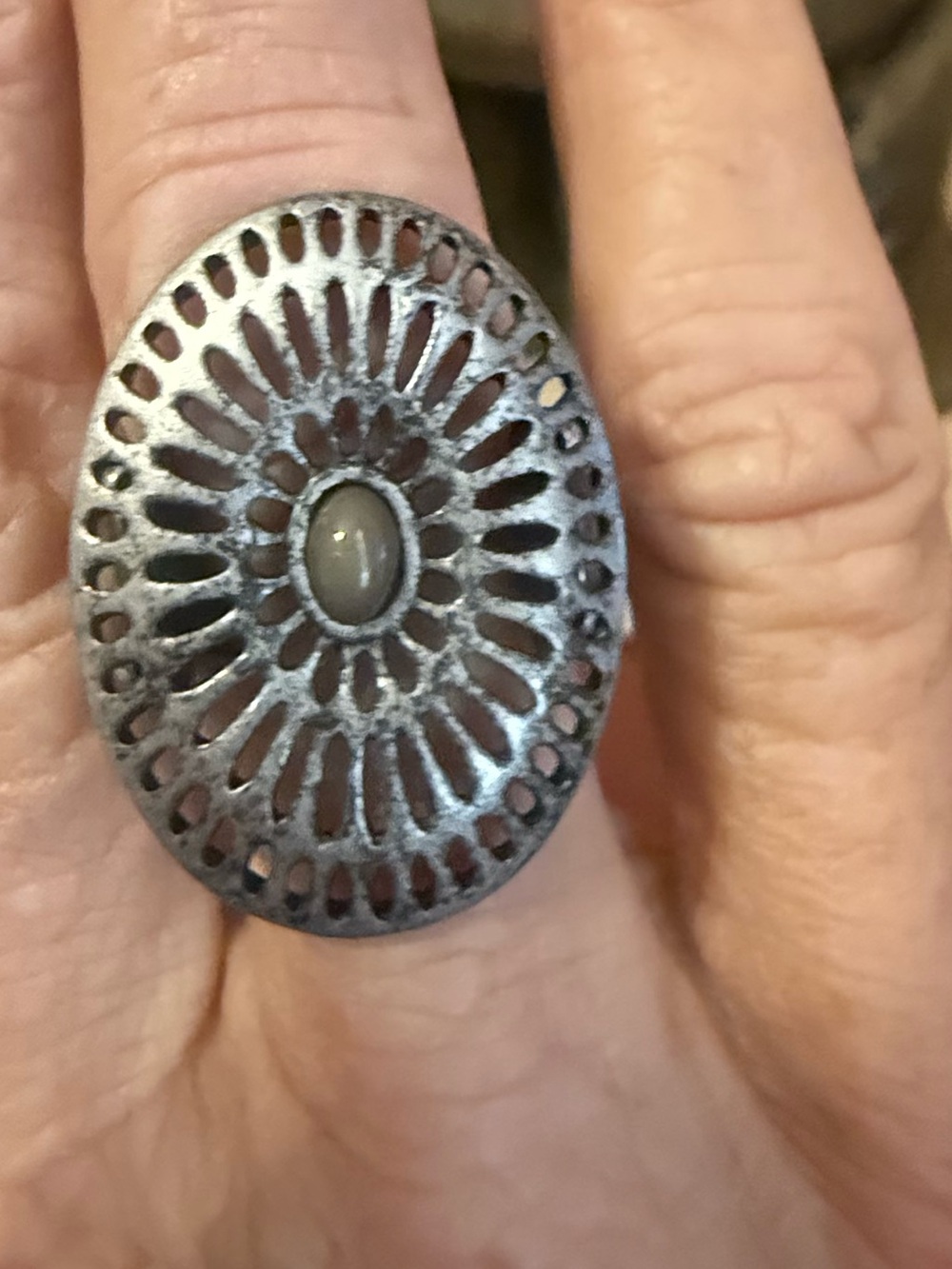 Silver-Tone Sunburst Oval Statement Ring with Khaki Cabochon